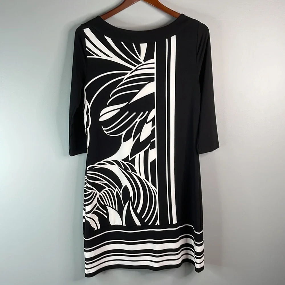 WHITE HOUSE BLACK MARKET Print Tunic Dress Black White Color Block Classic S - Picture 6 of 10